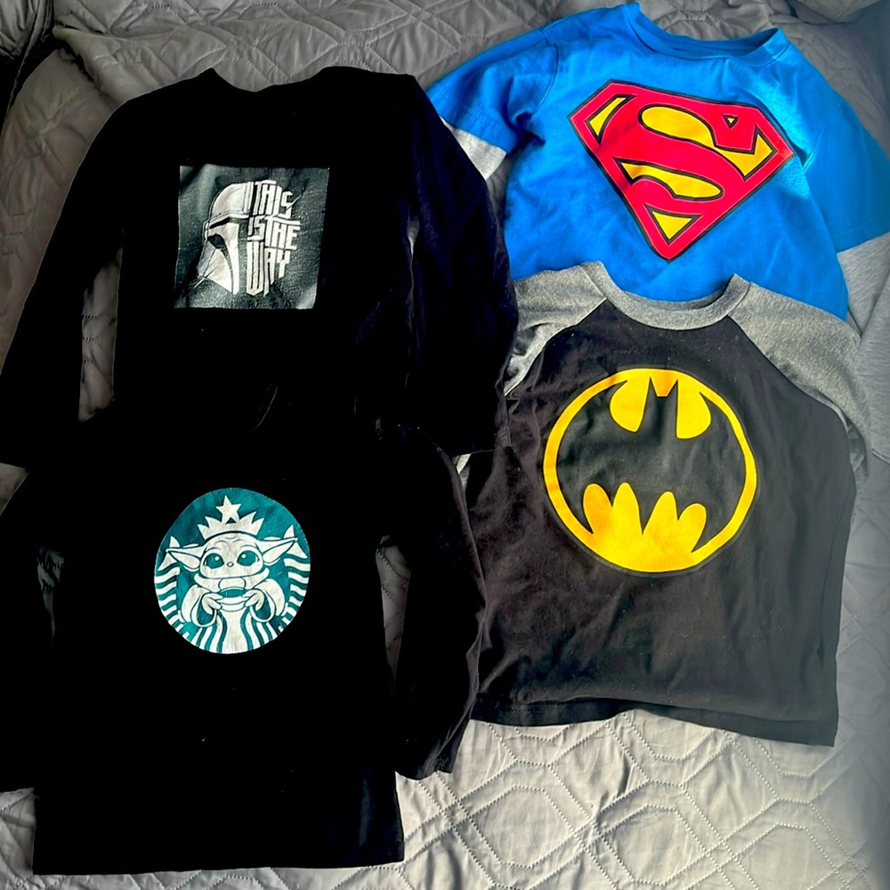4 4T Toddler shirts, superman -Batman- mandalorian -Starbucks grogu